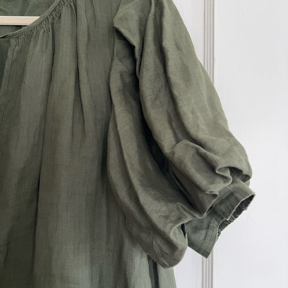 FRAME moss green tie neck front puff sleeve linen maxi dress - Picture 3 of 9